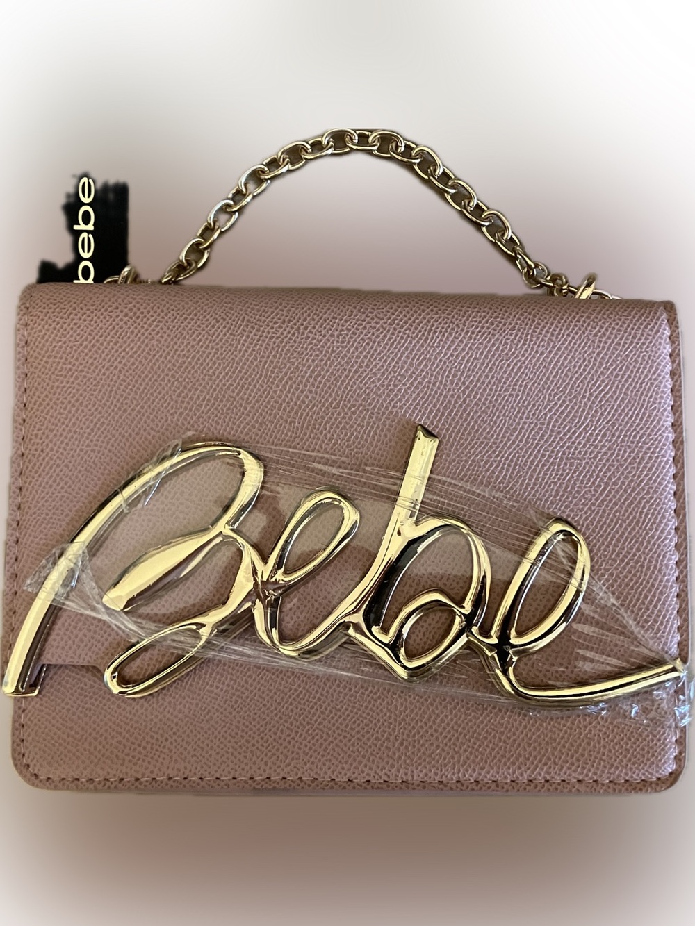bebe Blush Pink Crossbody Bag with Gold Script Logo